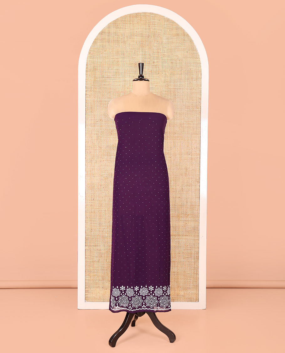Wine Fox Georgette Material Chudidar Set, Gleamed up with Stone Floral Embroidery On Its Top, A Plain Santoon Bottom and Paired with a Matching Stone Work Fox Georgette Dupatta