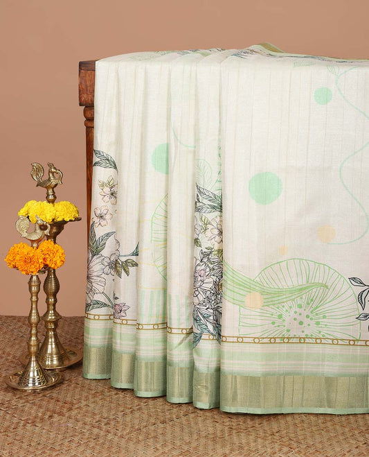 Green digital print, kadi print tussar silk saree with bhavanji border & floral printed pallu along with plain blouse