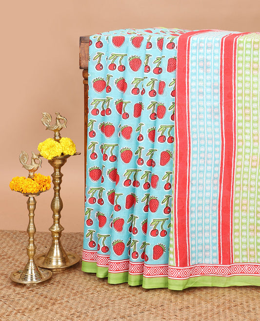 Blue with red strawberry, cherry print mul mul cotton saree with contrast geometric printed border