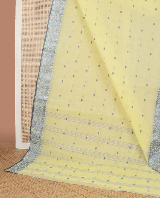 Lemon yellow motifs bengal cotton saree with contrast floral design border & striped, floral motifs pallu