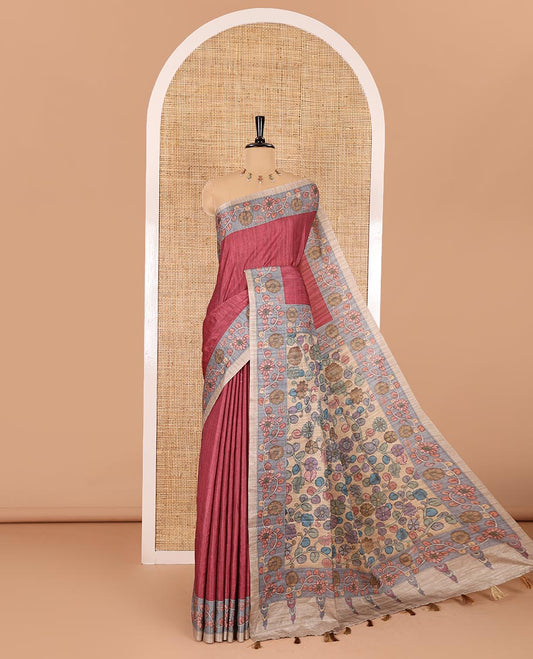 Light magenta plain fancy tussar saree, contrast floral creeper border, pallu of kalamkari floral vine print, and floral printed blouse