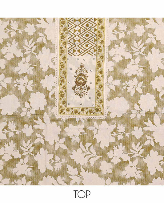 White chudidhar material set floral, geometric printed with mirror work top, mustard plain bottom & geometric design dupatta