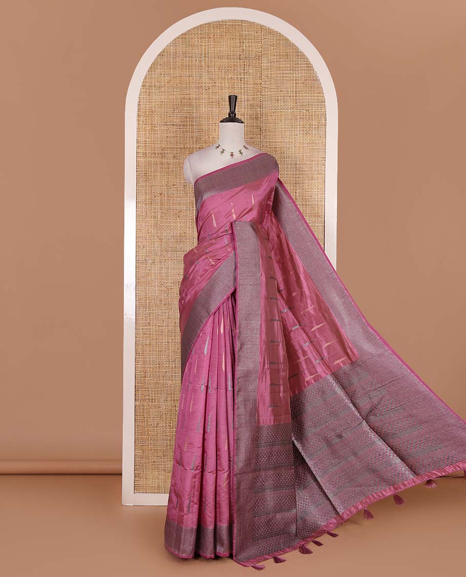 Pink buttas woven semi-tussar saree, zari border, geometric patterned pallu, and a matching blouse