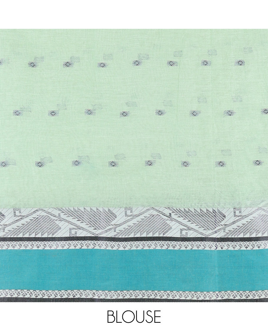 Pista Green Bengal Cotton Saree, Subtly Sparkled with Thread Buttas on Its Body, Complemented by Contrast Thread Border of Floral Creeper Designs, Pallu of Stripes and Buttas, and Paired with a Matching Blouse