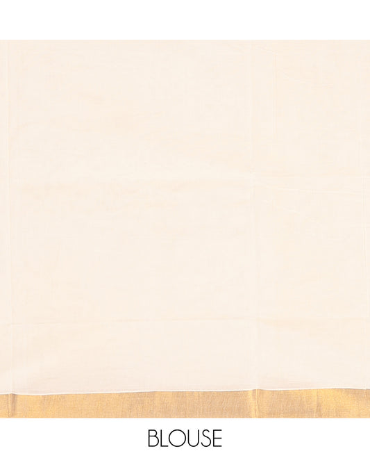 Cream Kerala Saree, Subtly Enriched with Zari Buttas on Its Body, Bavanji Zari Border, Sparkling Pallu of Zari Designs, and Paired with a Matching Blouse