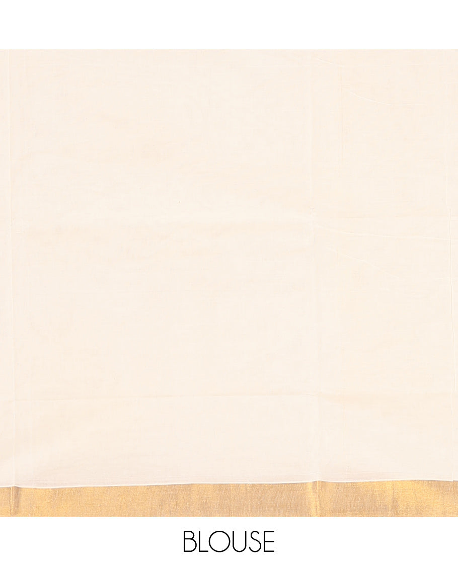 Cream Kerala Saree, Subtly Enriched with Zari Buttas on Its Body, Bavanji Zari Border, Sparkling Pallu of Zari Designs, and Paired with a Matching Blouse