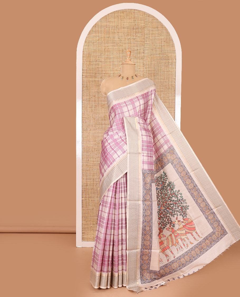 Magenta checked patterned semi-tussar saree with contrast temple striped border, Madhubani printed pallu, and a contrast printed blouse