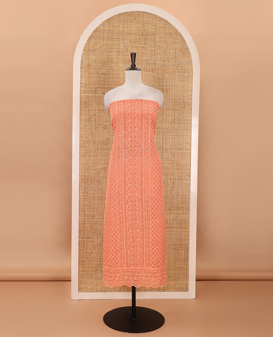 Orange material chudidar set,  floral, paisley & geometric schiffli embroidered georgette top & orginal mirror embroidered georgette dupatta