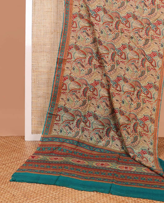 Cream floral design printed silk saree with contrast floral design border & floral design pallu
