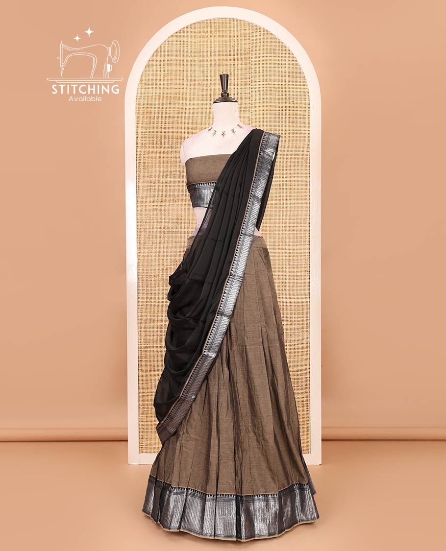 Grey-black Mercerised cotton half-saree, plain & contrast temple geometric border skirt, matching blouse & contrast zari border Vichitra silk dhavani