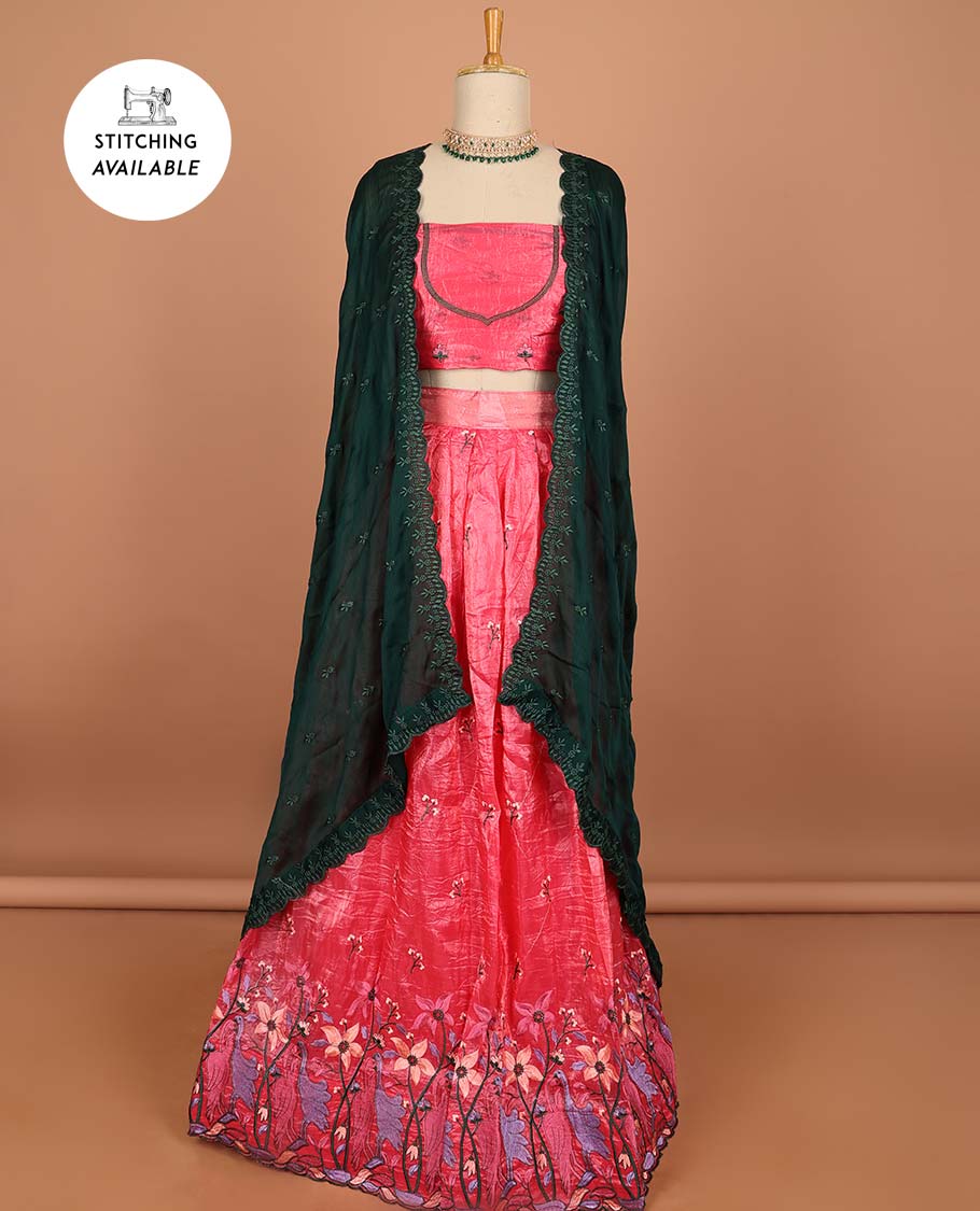 Pink floral embroidery half saree with self-border , embroidery blouse & floral design scallop border
