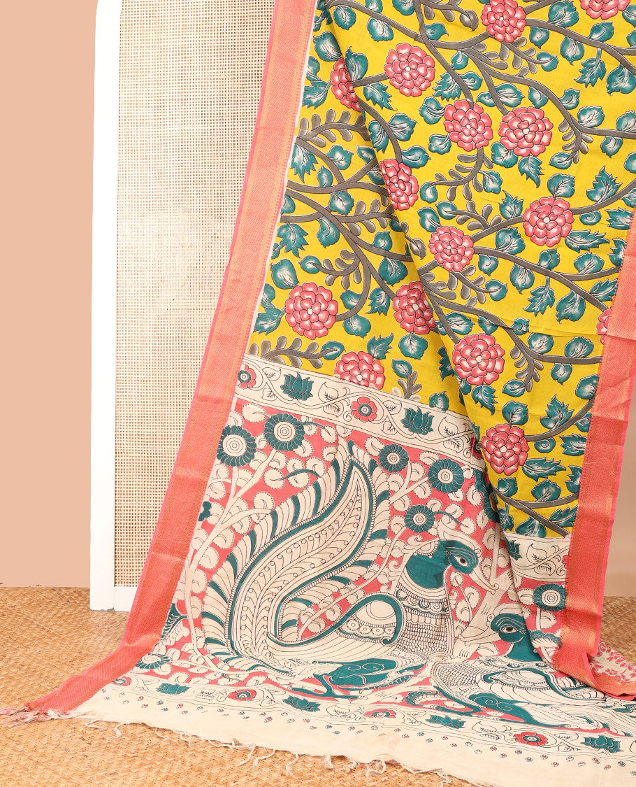 Yellow  floral vine design machine-printed kalamkari cotton saree with contrast zari design border & animal motif pallu