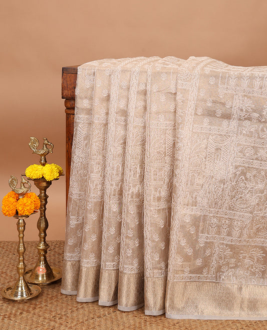 Cream thread embroidery tissue silk saree with jacquard border and lining pallu along with zari vertical lining pallu
