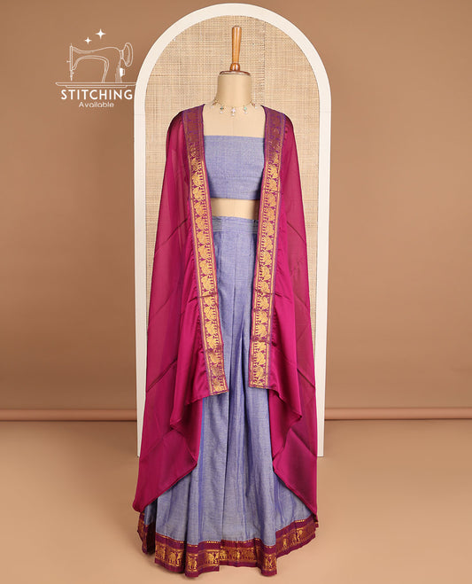 Lavender zari design cotton half saree with zari design blouse & elephant zari design border dhavani