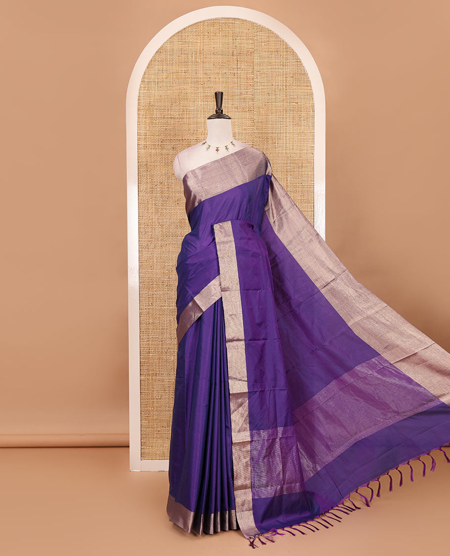 Violet full-plain soft-mercerized cotton saree, zari bavanji border, striped pallu & plain blouse