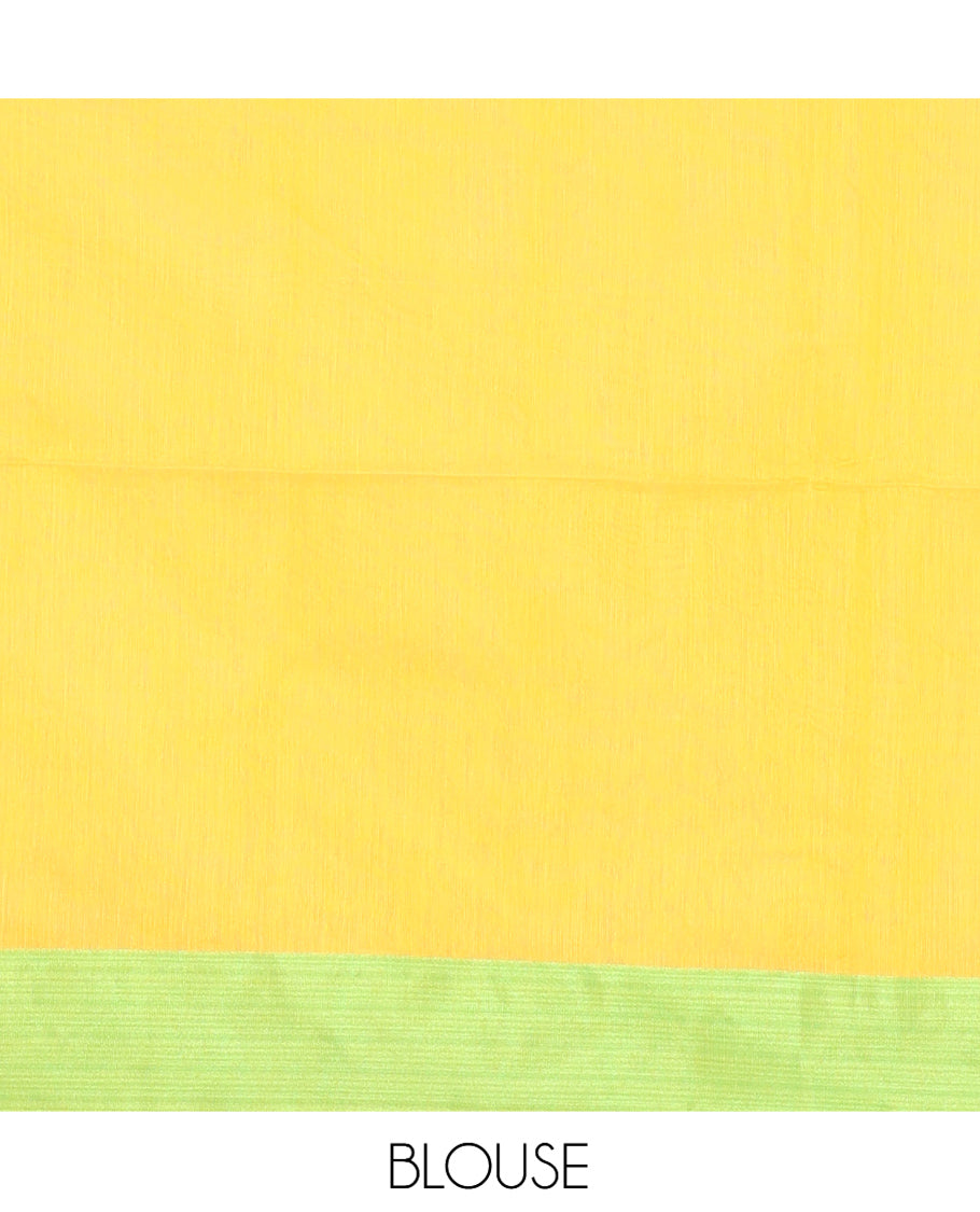 White-Yellow Khadi Linen Saree, Adorned with Ikkat Weave, a Contrast Plain Border, Plain Pallu, and a Contrast Blouse