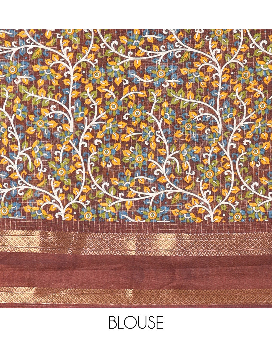 Rust Orange Zari Checked Moss Chiffon Saree Highlighted with a Contrast Rettai Pettu Traditional Zari Border, Colorfully Kalamkari Peacock Printed Pallu, and a Contrast Kalamkari Printed Blouse