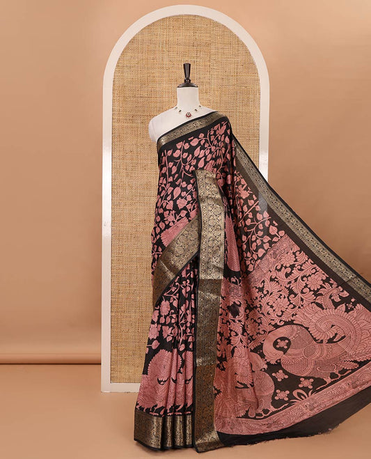 Black-pale pink kalamkari floral vine & peacock printed Dola silk saree,traditional border,kalamkari print pallu & matching blouse of print & zariwork
