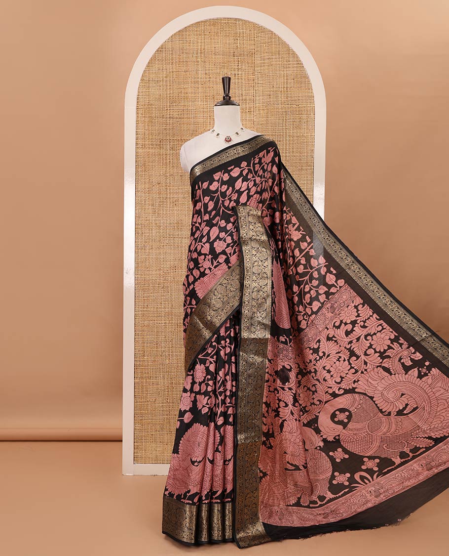 Black-pale pink kalamkari floral vine & peacock printed Dola silk saree,traditional border,kalamkari print pallu & matching blouse of print & zariwork
