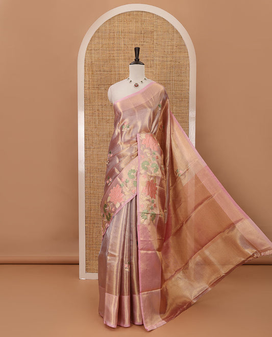 Jyothika pink floral thread embroidery celebrity tissue saree, floral vine multi-color thread embroidered border & embroidery pallu