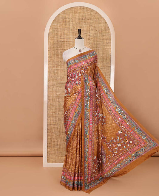 Mustard-base Red-base floral bandhani-theme printed & real mirror embroidery masakali saree, self-border, printed mirror work pallu & matching blouse