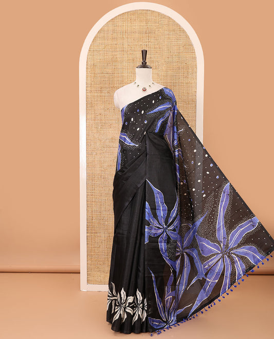 Black-base plain body khadi cotton saree with batik-style blue-color floral & dots printed on its border & pallu, plain black blouse