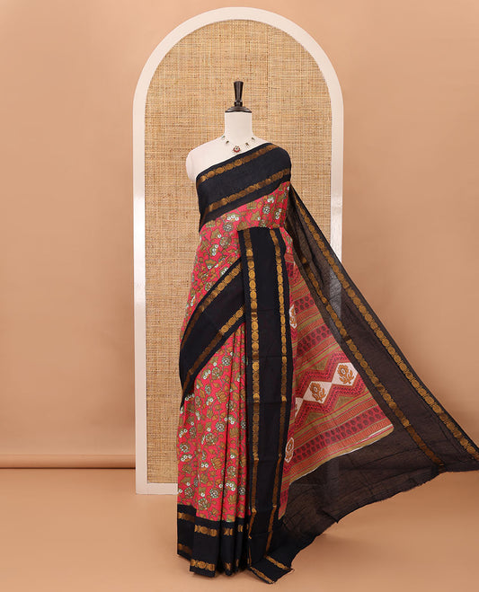 Pink lotus design printed sungudi cotton saree, contrast rettai pettu zari border, geometric pallu & running blouse