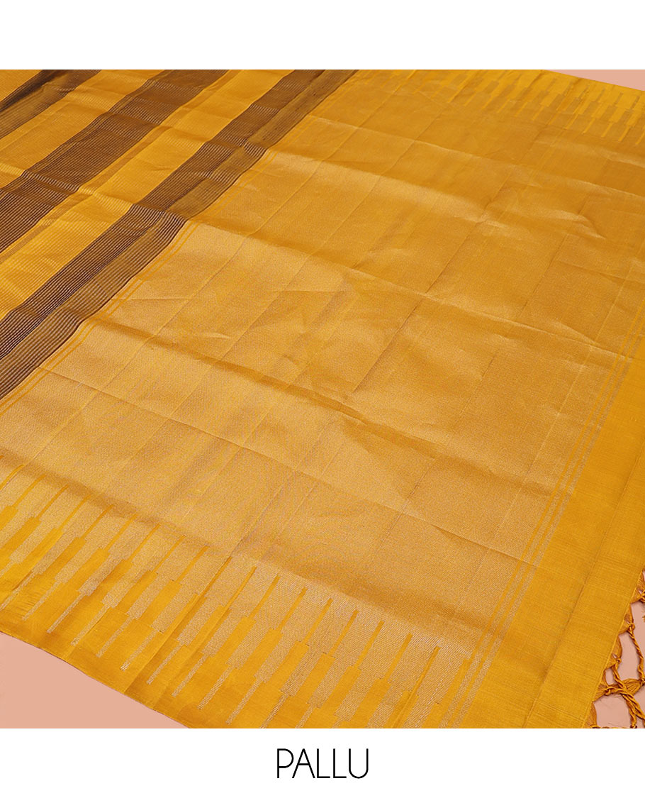 Broderless yellow striped and temple design soft silk saree, zari woven pallu of seppu rekku designs