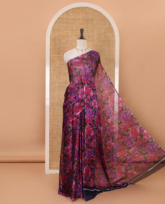 Borderless navy blue floral printed light weight chiffon saree with plain blouse