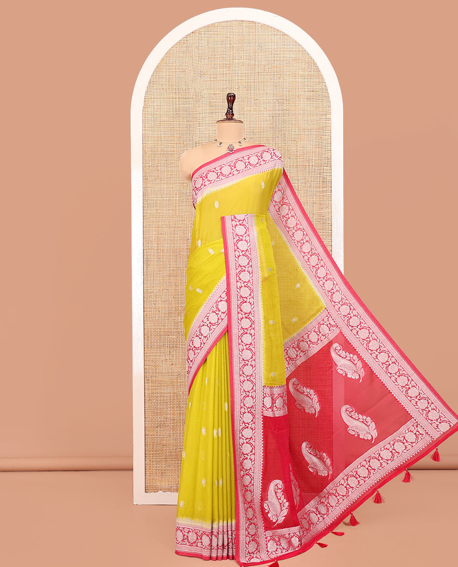 Mustard Banarasi Georgette Saree, Ornamented with Zari Buttas All Over Its Body, Complemented by a Contrast Floral Creeper Design Border, Pallu of Paisleys, and Paired with a Contrast Blouse