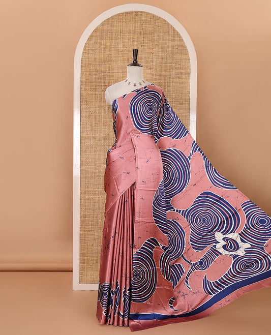 Borderless onion pink batik-style spiral printed satin crepe saree, printed pallu & matching printed blouse