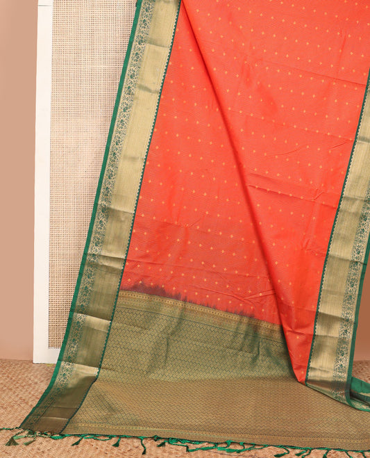 Orange striped,floral design gift saree with contrast zari design border & geometric design pallu