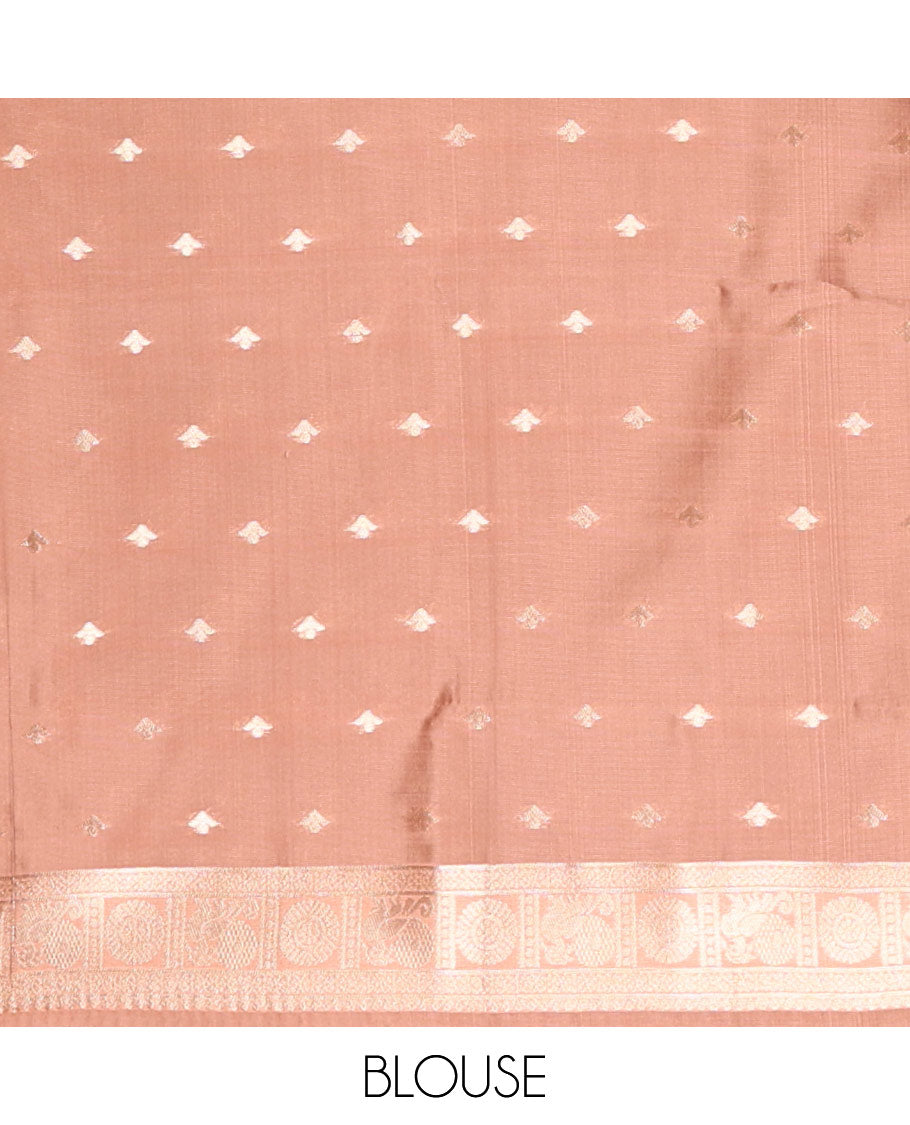Brown and Peach Kanchi Silk Saree, Artfully Detailed with Zari Buttas All Over Its Body, Complemented by a Contrast Traditional Zari Rettai Pettu Border of Peacock-Chakram Designs, Intricately Designed Grand Pallu, and Paired with a Contrast Blouse