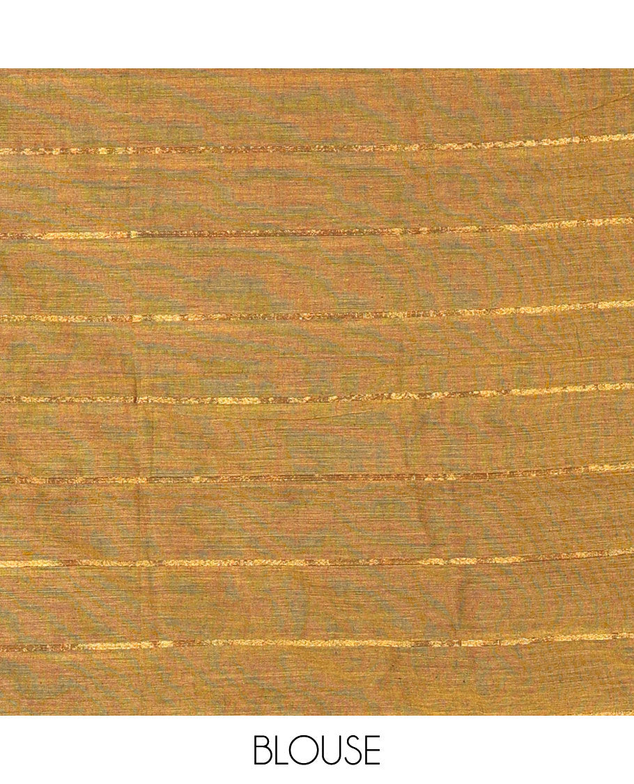 Mustard and Black Khadi Mul Cotton Saree, Decorated with Horizontal Zari Stripes on Its Body, Zari Piping Border, Subtly Striped Pallu, and Paired with a Contrast Blouse