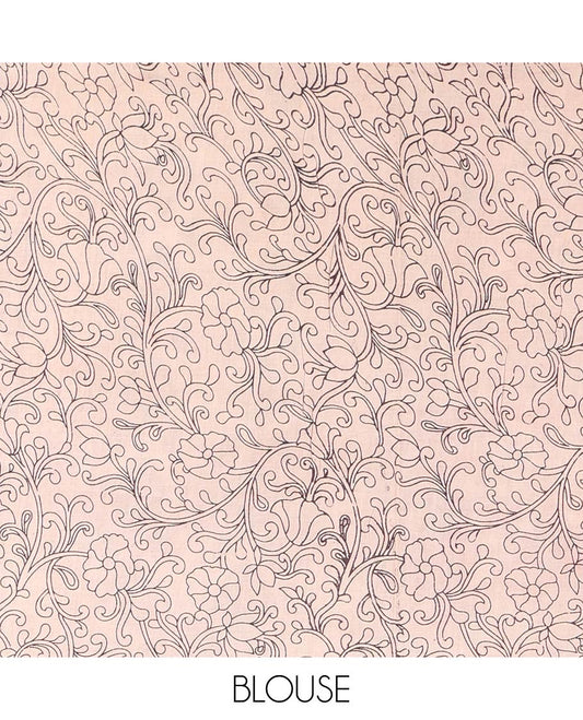 Black Machine-Printed Kalamkari Cotton Saree, Artfully Printed with Floral Vine on Its Body, Contrast-Peacock Motifs Printed Border, Pallu of Floral-Diamond Print, and Paired with a Printed Blouse