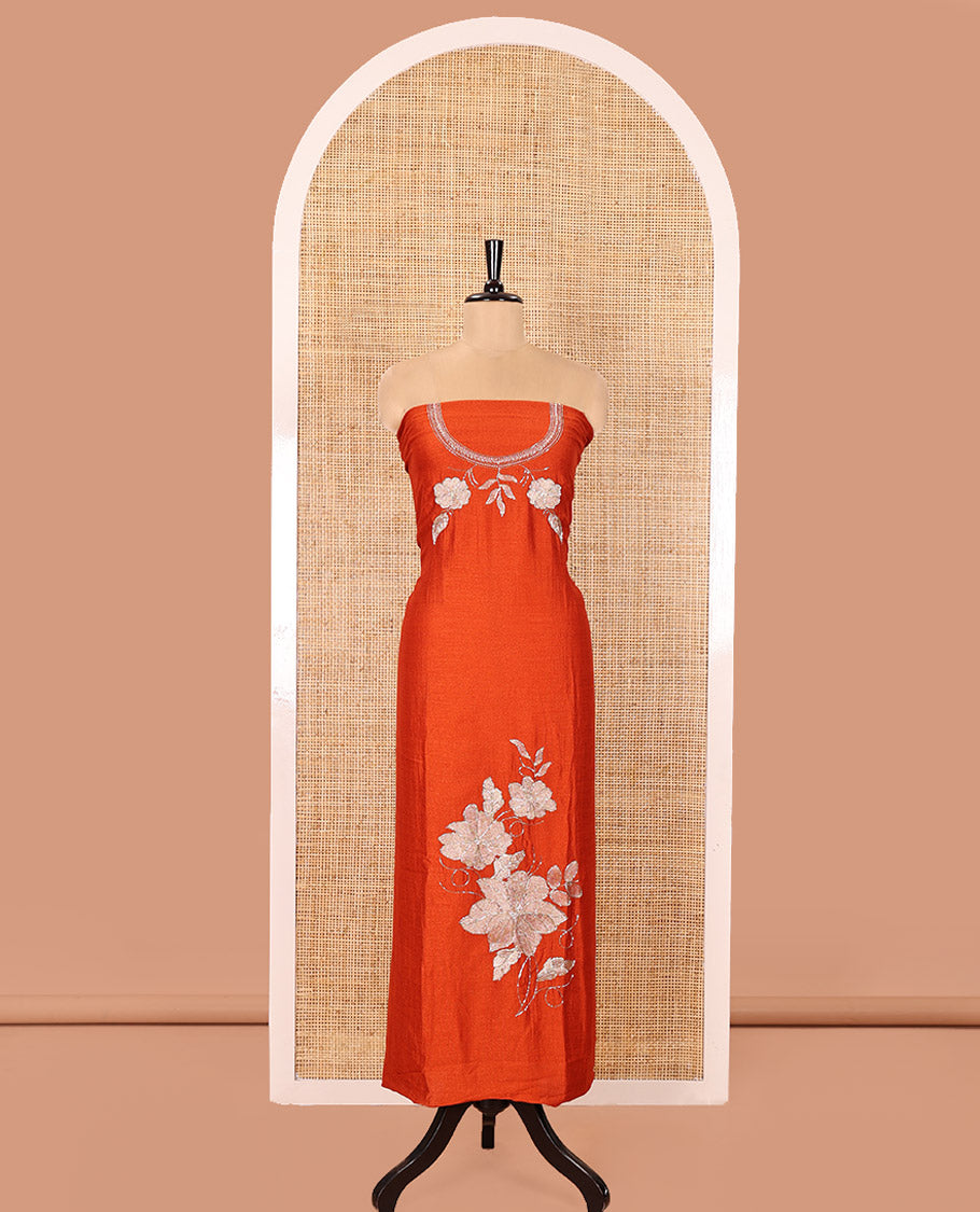 Rust Material Chudidhar Set, Highlighted with an Floral Motifs Embroidered on its Vichitra Silk Top, Plain Santoon Bottom, and Vichitra Silk Dupatta of Leaf Motifs Embroidery