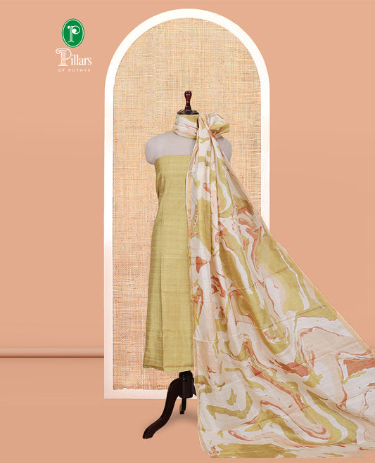 Yellow Semi-Bhagalpur Cotton Material Churidar Features Plain Top, a Santoon Bottom, and Contrast Abstract Printed Dupatta