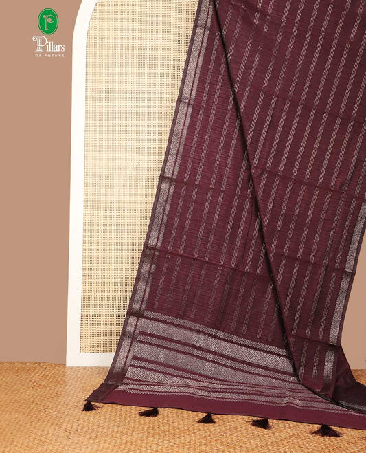 Wine color horizontal line small butta linen saree with double border & zari pallu along with plain blouse