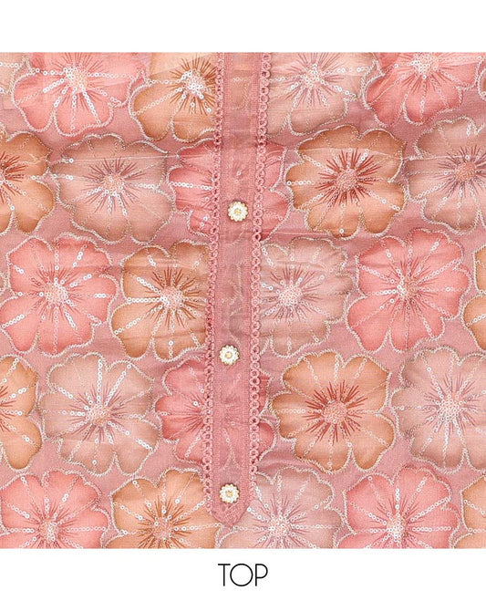 Light pink chudidhar material set floral sequins embroidered top, plain bottom & floral sequins embroidered dupatta