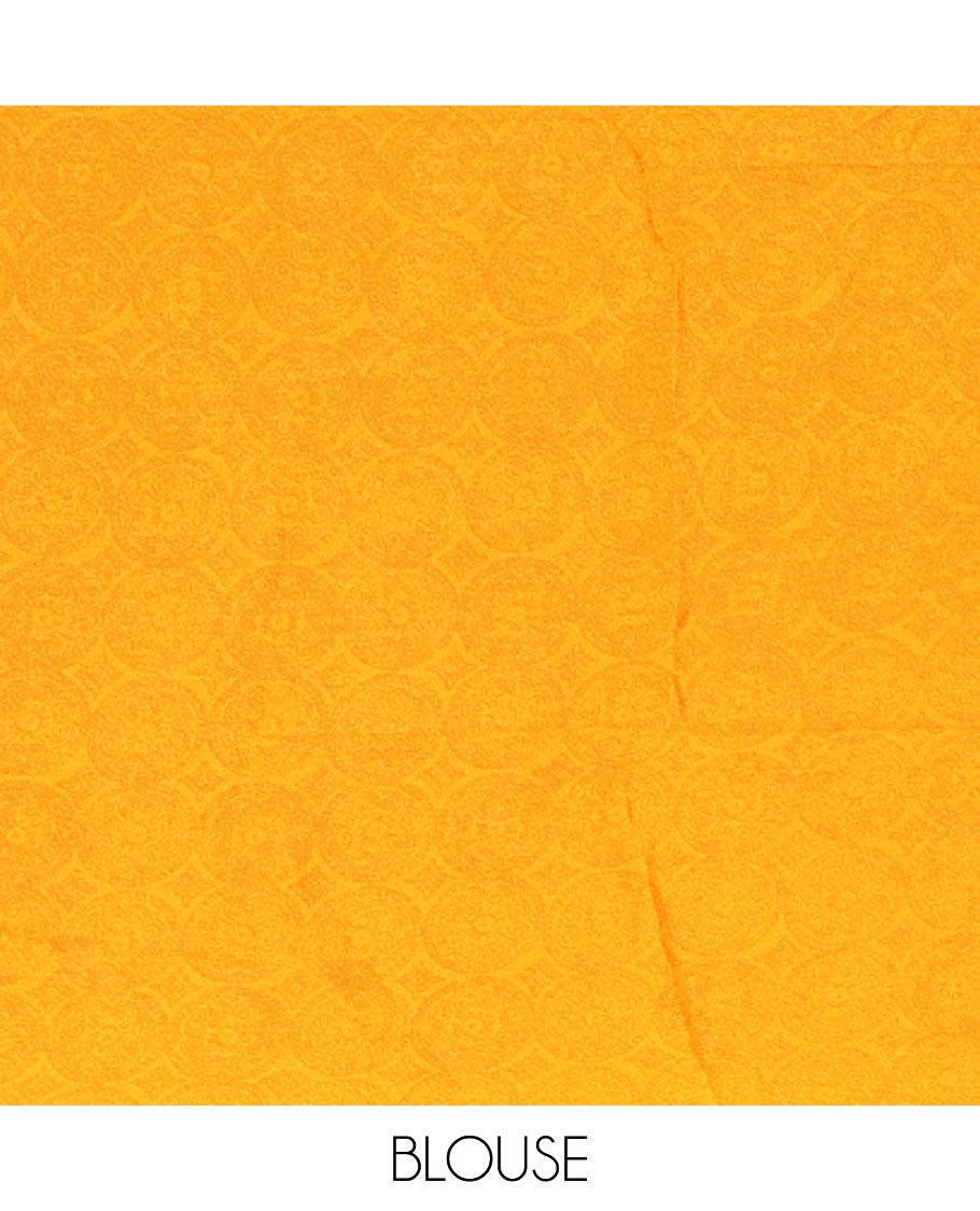 Mustard negative-style sparsely printed crepe silk saree, contrast printed border, printed pallu & printed blouse