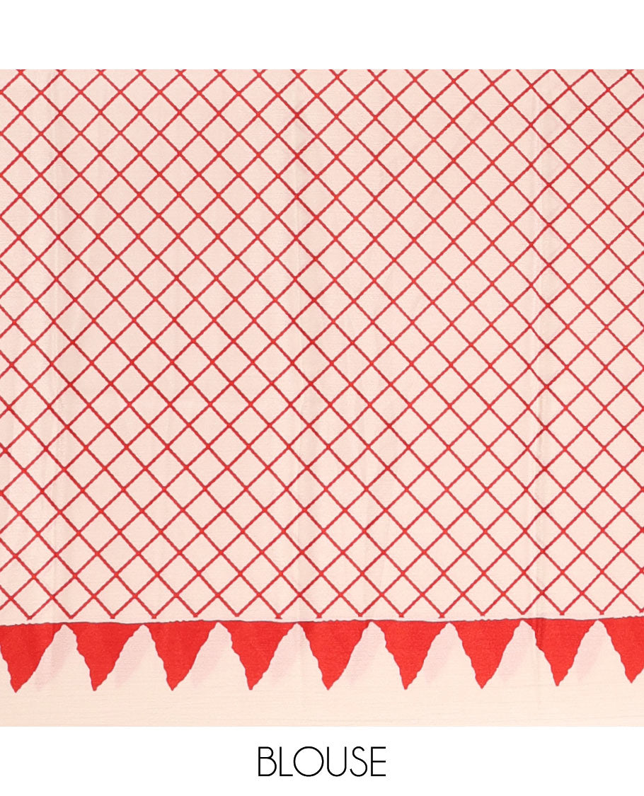Cream & red vertical stripes printed turkey crepe saree, temple printed border, diamond motifs printed pallu & jaal printed blouse