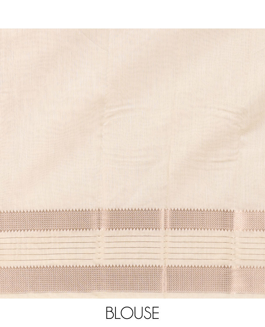Cream Plain Assam Silk Saree, Highlighted by a Traditional Zari Border, Zari-Striped Pallu, and a Matching Blouse