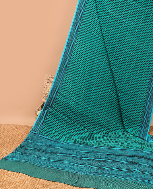 Blue unique motifs printed semi-banaras crepe saree, contrast border & pallu of geometric print