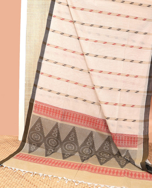 Cream striped, floral design coimabtore cotton saree with contrast striped border & floral design pallu