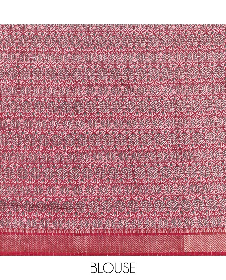 Cream zari striped dola silksaree,contrast purple zari border & pallu of kalamkari animal print, ajrakh printed blouse