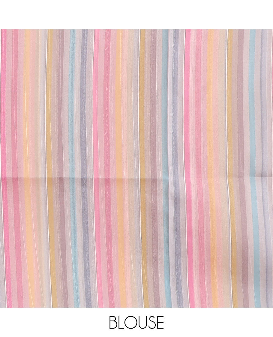 Off White semi-banaras tussar saree with contrast striped border & multi-colored striped pallu