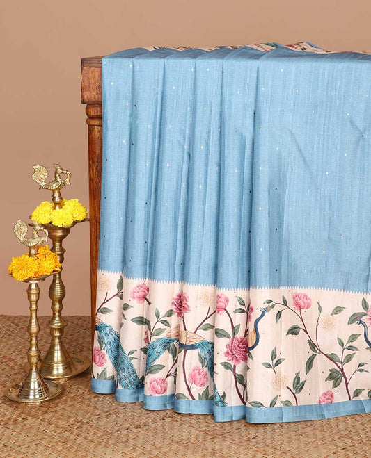 Sky blue  zari butta fancy tussar saree with peacock digital floral design border & digital print pallu along with floral print blouse