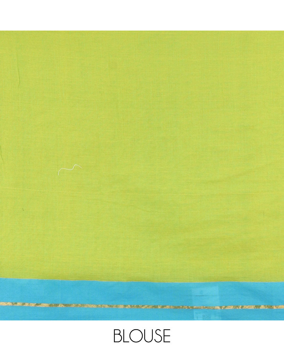 Parrot green heart motif thread-embroidered khadi mul cotton saree, contrast zari striped border, self-pallu with tassels, and a plain blouse