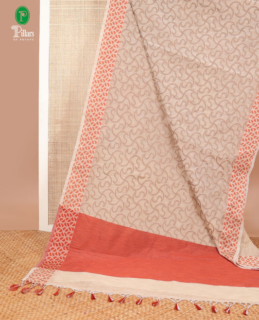 Cream with orange thread weaving design banaras kota checks saree, geometric thread border & plain pallu along with plain blouse