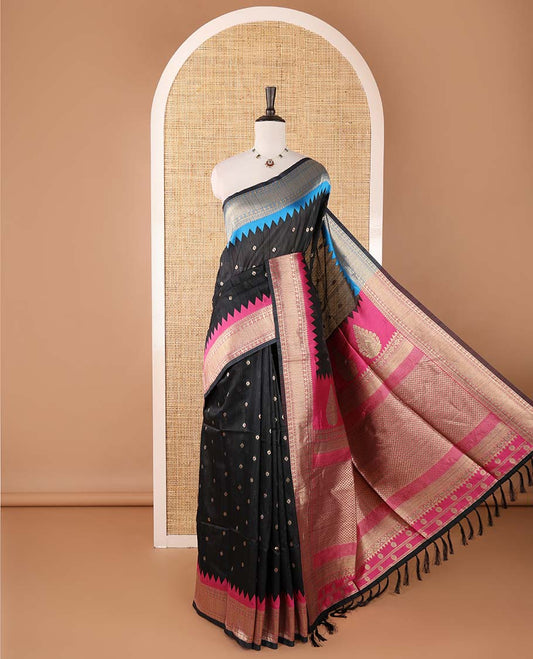 Black buttas banarasi jute saree, contrast traditional zari ganga-jamuna-style satin thread border, intricate pallu & plain blue blouse